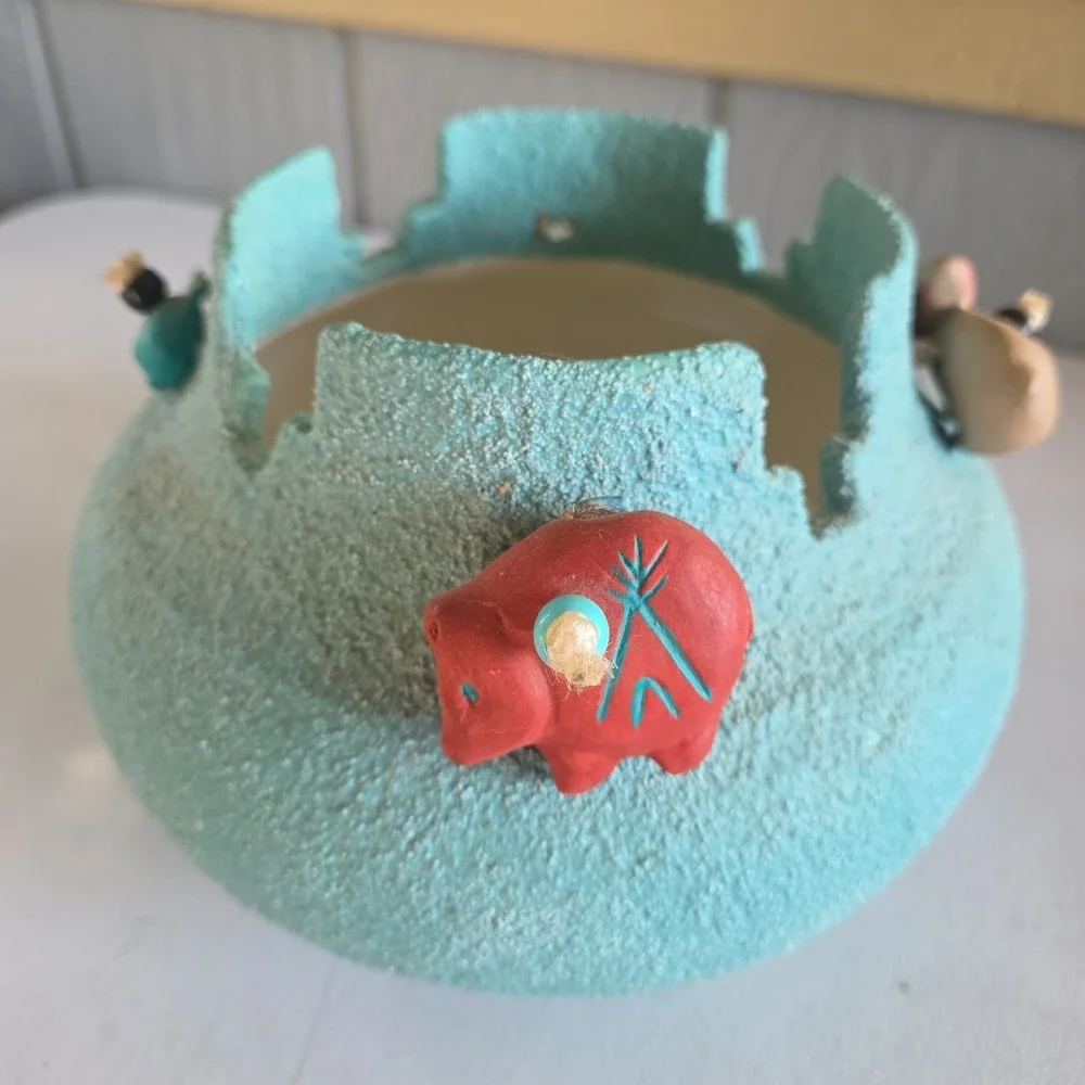 Textured Native American Fetish Teal Bowl Planter Bear Rabbit Fish Deer Beads